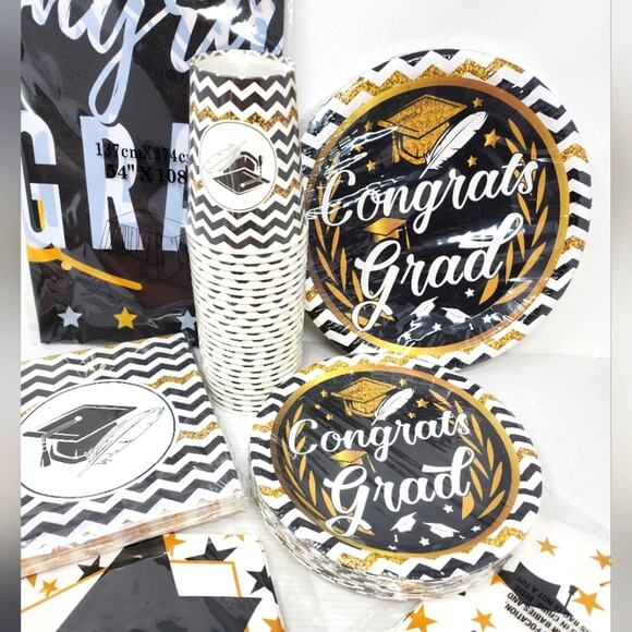 Grad Party Black & Gold Graduation Party Plates Cups Napkins Tablecloth Hangers - Picture 1 of 6